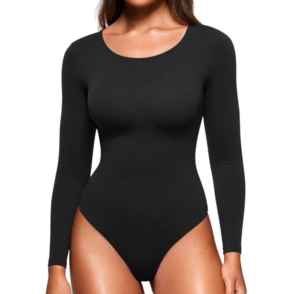 CRZ YOGA Women Long Sleeve Thong Bodysuit S Black  Snap Crotch NWT